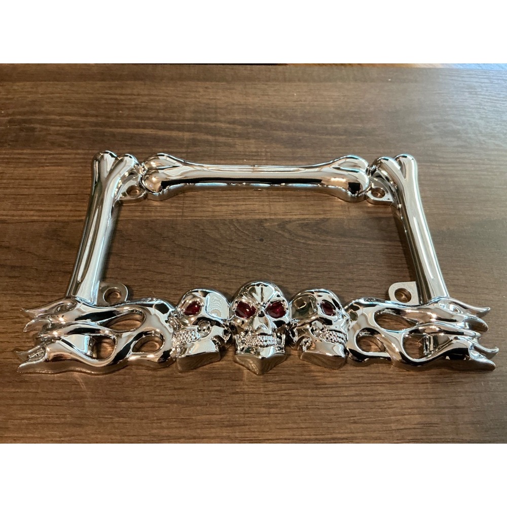 Chrome Motorcycle Custom License Plate Frame Harley Skull Red Eye Bones NEW